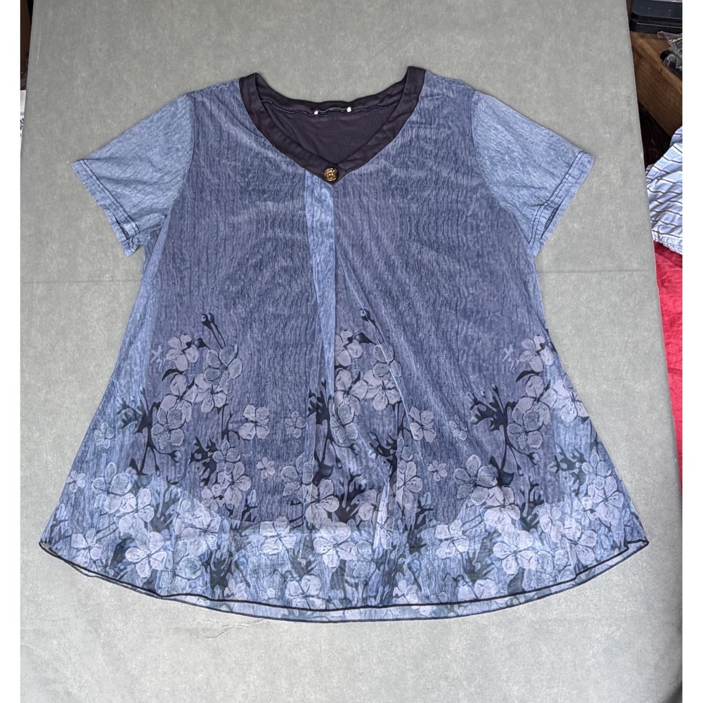Sese Code Blue Floral Mesh Layered Tunic Top V-Neck Short Sleeve Plus Size 2XL